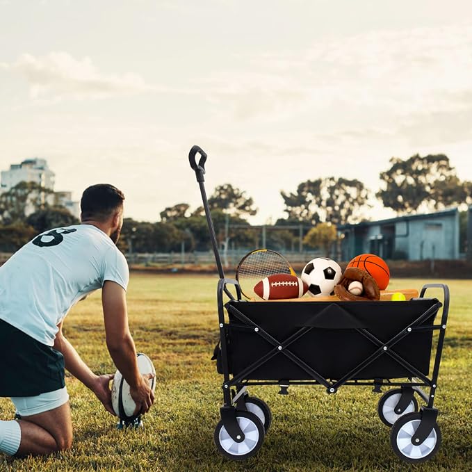 Collapsible Folding Outdoor Utility Wagon, Strap Collapsible Foldable Wagon Cart with Strapping System, Supports 225lbs (Black)