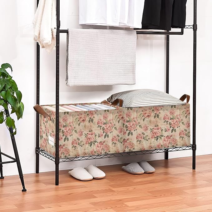 Rustic Vintage Pink Floral Retro Storage Bins for Shelves with Labels&Handles Fabric Organizer Bin Foldable Rectangle Storage Basket Boxes for Closet, Bathroom, Home, Living Room