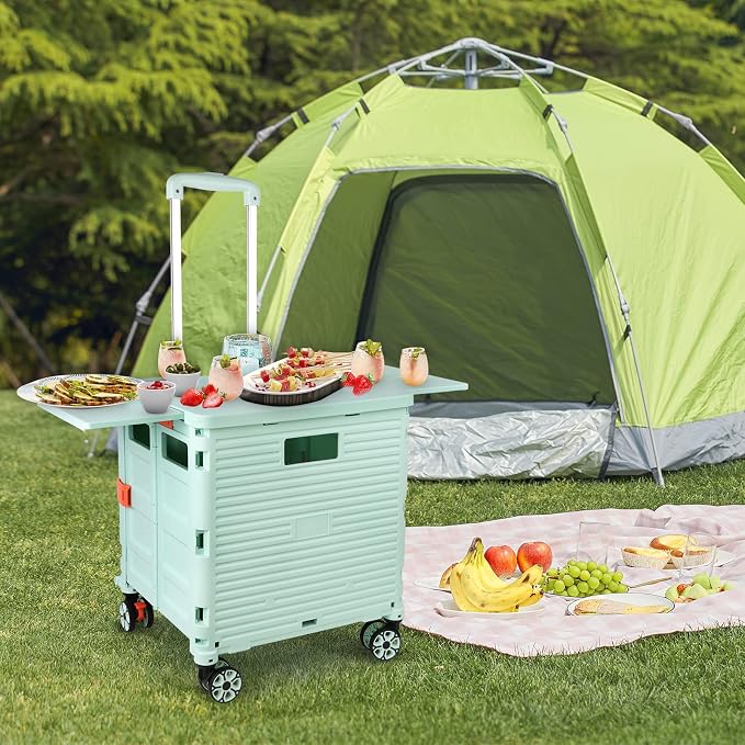 FELICON SELORSS Folding Utility Cart Portable Rolling Crate Handcart-Green | Magnetic Sliding Lid,Telescoping Handle,Plastic Box Dolly,360°Swivel Wheels for Travel Shop Move Laundry Office Teacher Use