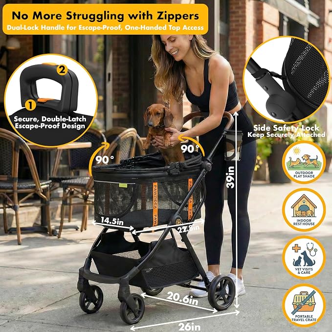PAWZIDEA Pet Stroller 4-in-1, Foldable Dog Stroller with Detachable Carrier | Escape-Proof No-Zip Canopy, Portable Travel Crate & Car Seat Combo, for Small to Medium Dogs & Cats up 33 lbs, Storage Basket