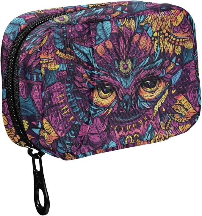 Fustylead Ethnic Tribal Purple Mandala Owl Pill Organizer and Storage Weekly with Zipper, Removable Pill Box Portable Medicine Organizer for Vitamin Fish Oil Supplement