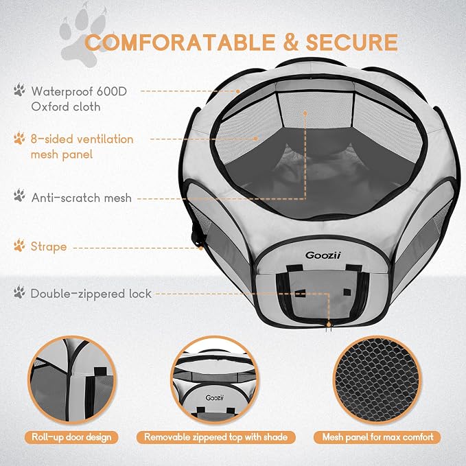 Goozii Pet Cat Playpen for Indoor Cats Enclosed, Puppy Dog Play Pen for Outdoor Travel Camping (Medium Size, Light Grey)