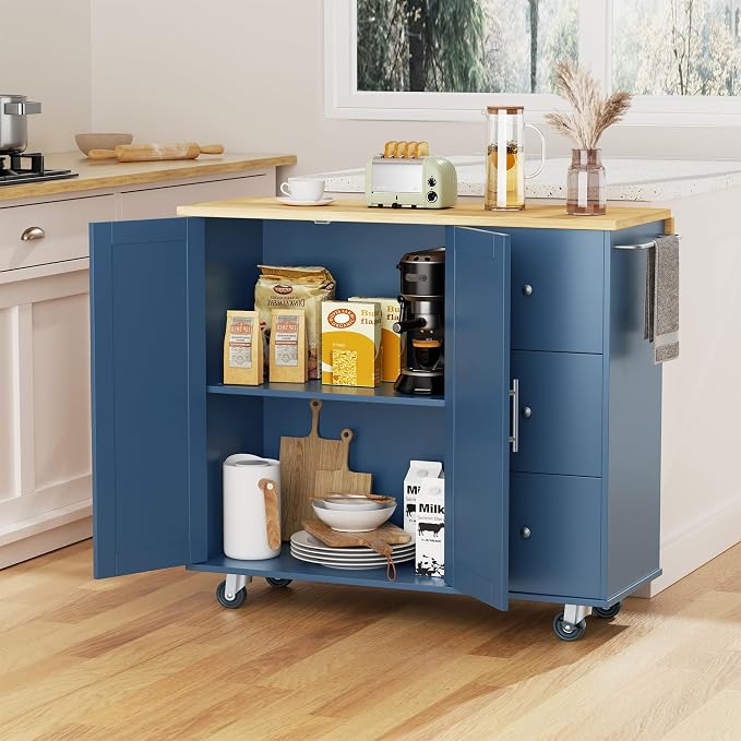 QAQA 40" Kitchen Island Cart Furniture cart on Wheels Rolling Portable Dining Room Serving Utility Carts Mobile Movable with Drawers Cabinet,Blue