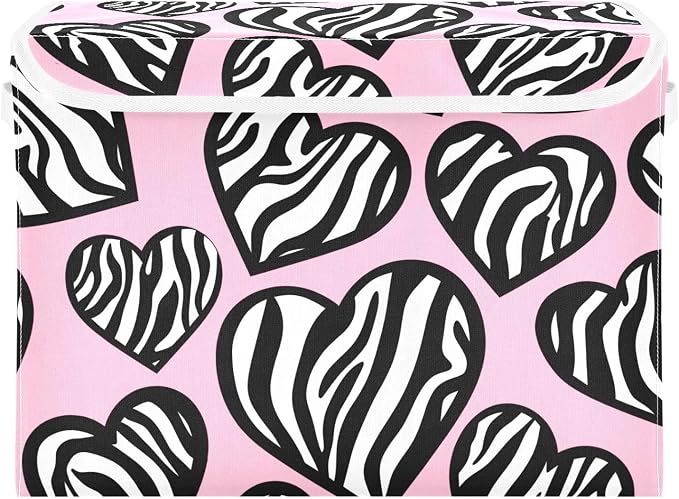 Zebra Heart Pink Storage Bins with Lids Closet Bedroom 40L Storage Basket | Decorative Storage Boxes, Foldable & Stackable, Dust-Proof Flip Top, Reinforced Handles, For Home & Dorm, Clothes & Toy Box
