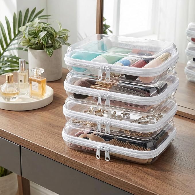 4 Pack Clear Hard Shell Zipper Case, Hard Plastic Zipper Pouches for Travel Toiletries, Makeup, Tech Gadgets & Pencils, Transparent Crush-Resistant Organizer Case (4S)