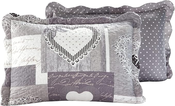 Brilliant Sunshine Grey Heartlove Pillowshams Set, 20"x26"+2" | Patchwork Design, Quilted Standard Pillowcases, Washable Scallop Edge Pillow Covers, Pack of 2