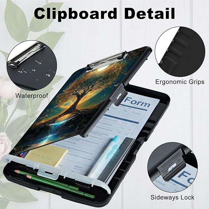 A4 Clipboard with Storage Pen Holder, Clipboards Organizer Nursing Clipboard Foldable File Folder Plastic Clipboard Folio Clip Board for Office Work Classroom Doctor, Moon Orange Tree