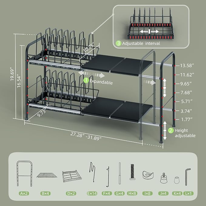 Expandable Under Sink Organizer，Pot and pan Organizer Under Cabinet | Pan Lid Organizer,Expandable Storage shelf with 2 Pan Racks（14 Dividers）and 4 Removable Panels,Adjustable partition height