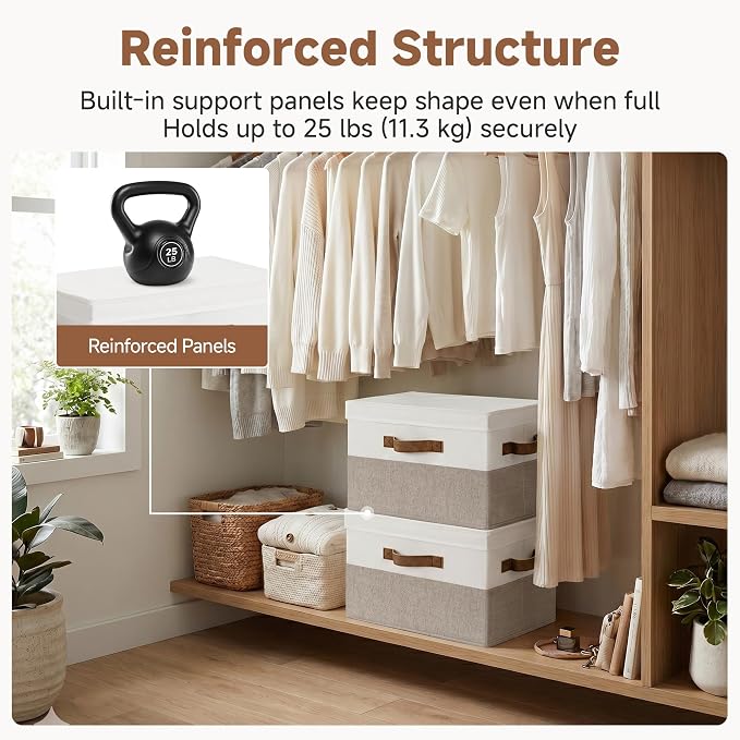 StorageWorks Fabric Storage Bins with Lids, Closet Storage Bins | Flip-Top Lid, 3 Handles, Collapsible, Stackable, for Clothes Blankets, Multi-Purpose, Large, Brown and White, 2-Pack