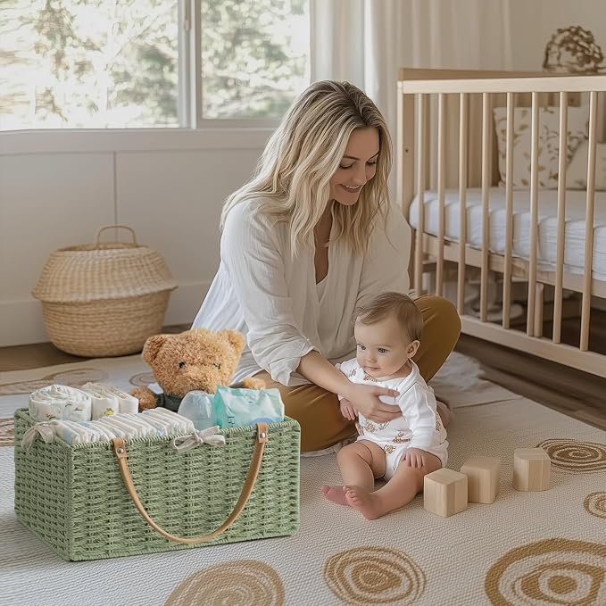 HBlife Large Baby Diaper Caddy Organizer Green, Paper Rope Storage Baskets Nursery Bin with Removable Divider, Portable Car Organizer for Diapers, Baby Shower Gifts, Newborn Essentials Must Haves