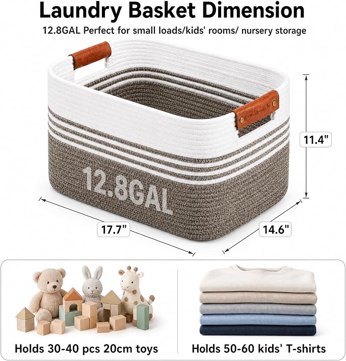 Cotton Rope Laundry Basket Small, 12.8GAL Collapsible Woven Storage Baskets for Living Room Kids Toys Stuffed Animal,Boho Rectangular Decorative Short Hamper for Dirty Clothes, Blankets Dark Brown