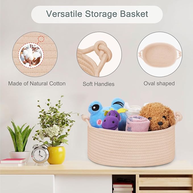 COMSE Small Gift Basket Empty with Bag & Ribbons, Solid Beige | Cotton Rope, 12"x 8"x 5", Pet Toy Storage Organizer, Woven Basket for Birthdays, Baby Showers, Mother’s Day, Valentine’s Day