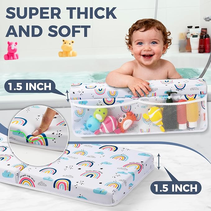 Bath Kneeler and Elbow Rest Pad Set, 1.5” Thick Bathtub Kneeling Mat | Cozy Memory Foam, Non-Slip 6 Suction Cups and 4 Toys Organizer Pockets, Quick-Dry Bath Kneeling Pad for Babies Toddlers