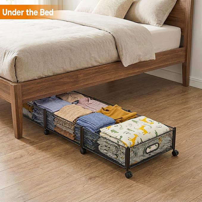 Under Bed Storage With Wheels, 47.2''/90lbs/57.6L, Metal Frame Under Bed Rolling Storage, Tool-Free Assembly Underbed Drawers, Underbed Organizer Containers for Shoes, Clothes and Toys