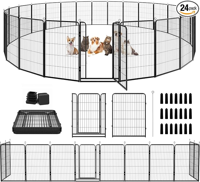 Kfvigoho Dog Playpen Outdoor Extra Wide 24 Panels Heavy Duty Dog Fence 47" | Anti-Rust Coating-Strengthened Dog Fence with Doors Portable for RV Camping Yard, Total 63 FT, 316 Sq.ft, Snowy Black