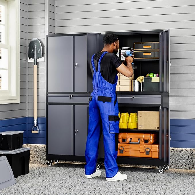Metal Garage Storage Cabinet with Locking Doors and Adjustable Shelves, -73" Steel Rolling Tool Storage Cabinet with 4 Wheels and 1 Drawer for Garage,Office,Warehouse