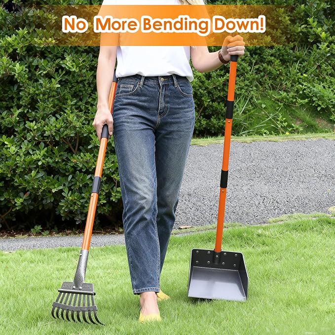 Pooper Scooper, Long Handle Dog Poop Scooper for Medium Small Dogs | Heavy Duty, Pet Supplies Metal Tray Rake, Stainless Steel, Rust-Resistant, 37"+ Handle No Bending, Use on Grass Dirt Gravel