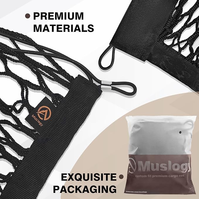 Muslogy Cargo Net for 2015-2020 Chevy Tahoe, GMC Yukon, Cadillac Escalade | Custom Fit, Trunk Storage Organizer Net for SUV Sedan Van Divider, with Heavy Duty Carabiners, Night Visible Grab Handle