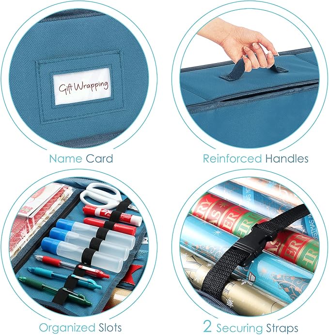 Hearth & Harbor Wrapping Paper Storage Container - Christmas Storage Bag with Ribbon Dispenser and Interior Pockets - Gift Wrap Organizer Fits Up to 26 Rolls of 40" Length, Blue