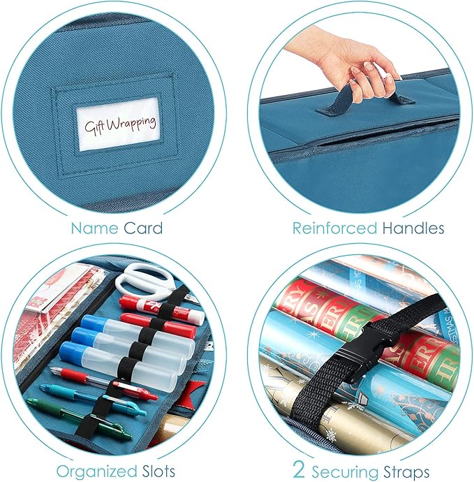 Hearth & Harbor Wrapping Paper Storage Container with Ribbon Storage Organizer - Christmas Storage Bag with Extra Interior Pockets - Gift Wrapping Organizer Storage Fits Up to 26 Rolls of 40" Length