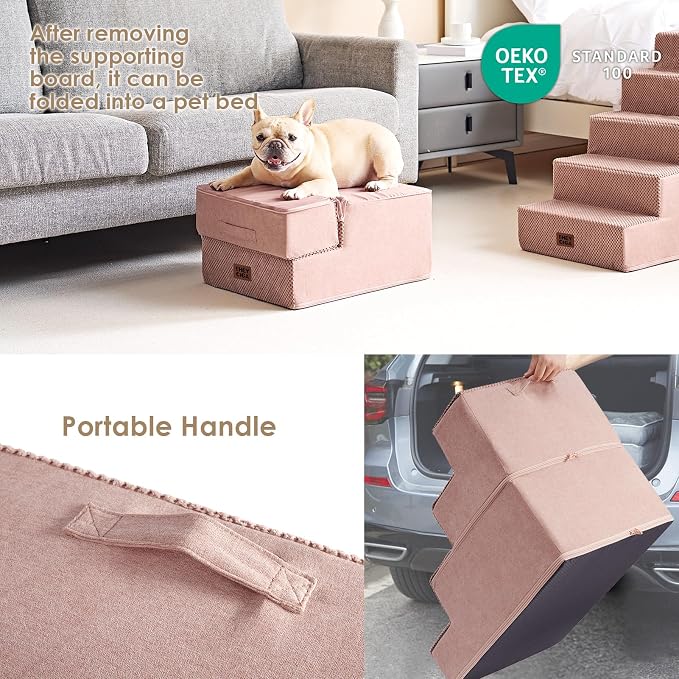 EHEYCIGA Dog Stairs for Small Dogs 13.5" H, 3-Step Dog Steps for Cats, Pink | Pet Steps for Couch Sofa and Chair, Non-Slip Balanced Pet Ramp Indoor