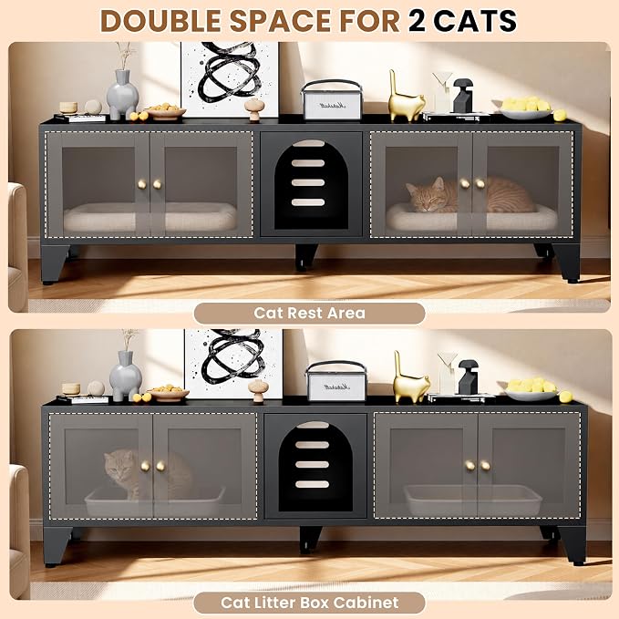 Cat Litter Box Enclosure for 2 Cats, 58" Long Metal Pet House Washroom Dog Proof Furniture, Double Hidden Little Box Cabinet, Living Room TV Stand Table, Indoor Cat House, Assembly Required