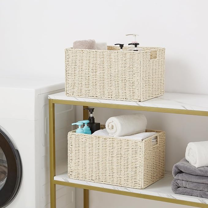 Vagusicc Wicker Storage Basket, Set of 2 Hand-Woven Paper Rope Wicker Basket, Small Storage Baskets for Organizing Toilet Paper Basket, Foldable Large Cube Storage Organizer Bins for Shelves (Beige)