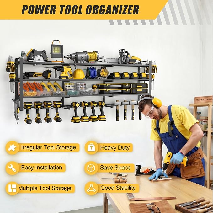 49''W Power Tool Organizer Wall Mount, 650LBS, 4 Tier, 12 Drill Holders | 3-Tube Reinforced Design, Holds 50+ Tools, Cordless Tool Organizer, Rust Resistant, Quick Assembly, Garage Gift for Men