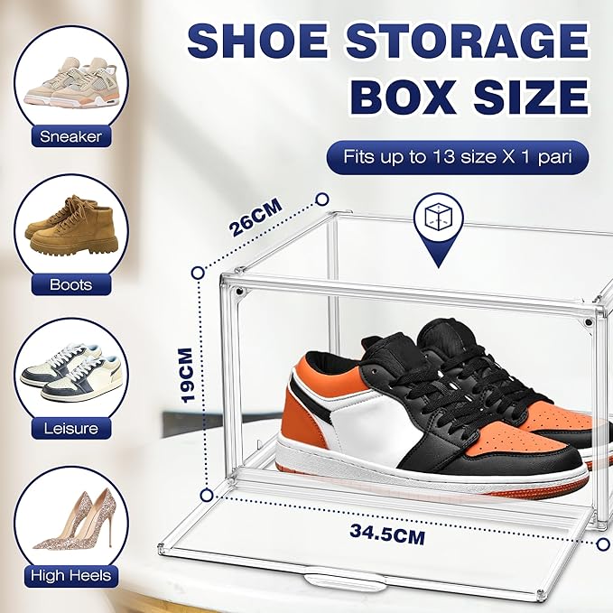 2 Pack Acrylic Clear Shoe Storage Boxes, Fits Up to Men's Size 12 | Transparent Display Case for Sneaker Collections, Baseball Caps, Hat Organizer Dust-free Shoe Cubbies Stackable Sneaker Boxes