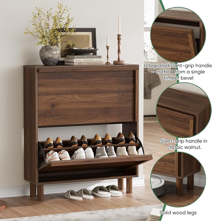 Shoe Storage Cabinet with 2 Flip Drawers, Slim Shoe Rack Cabinet with Integrated slant-grip handle, Narrow Shoe Cabinet Storage for Entryway Entrance, Freestanding Shoe Organizer Cabinet (Walnut)