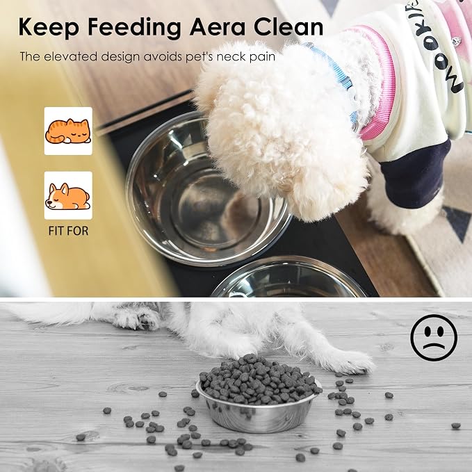 Pet Feeding Station Cabinet with Elevated Stainless Steel Bowls, Hidden Pull Out Feeder Drawer, Storage Organizer, Side Hooks, Anti Tip Kit, Waterproof Top for Dogs Cats Supplies Home