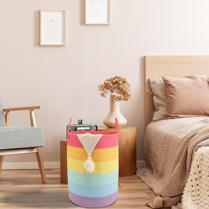 Woven Cotton Rope Laundry Basket Hamper 16" x 22" Large Rainbow | Rope storage basket for dirty clothes, toys and blankets. Perfect for bathroom, baby nursery and living room storage.
