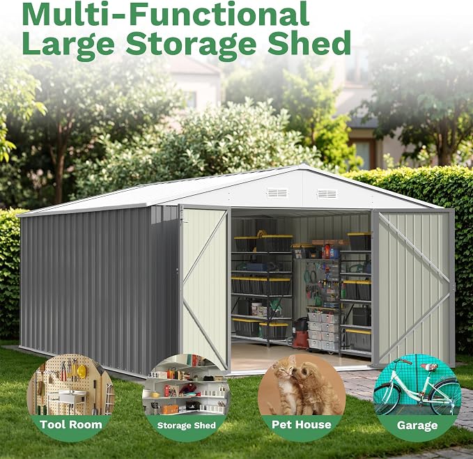 Patiowell 10x14 FT Outdoor Storage Shed, Grey | Garden Metal Shed, Lockable Doors, Sloping Roof, Large Outside Utility Tool Sheds For Backyard Garden Patio