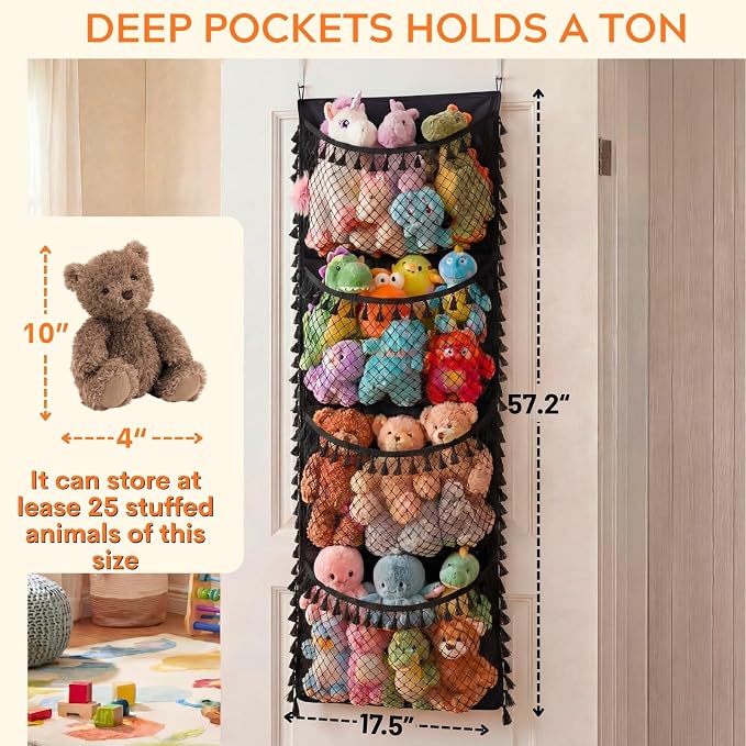 Over The Door Stuffed Animal Storage, Tassel | Toy Organizer for Storage Plush Toys, Stuffed Animal Holder with 4 Large Pockets, Hanging Door Organizer for Nursery