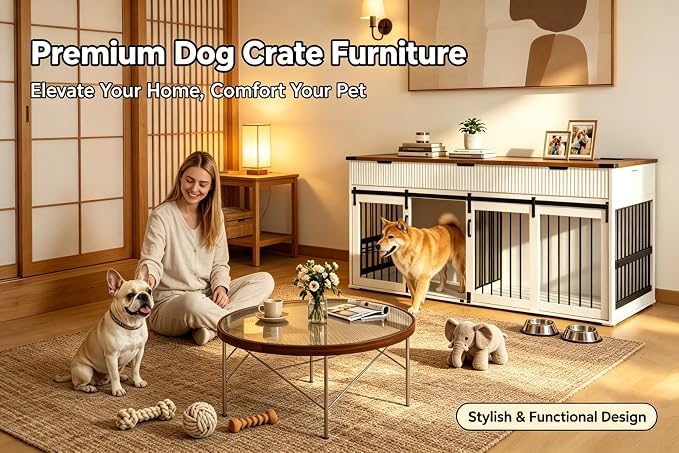 71" White+Walnut Double Dog Crate TV Stand with Charging & Feeder | 3 Fluted Drawers, Rotating Feeder Design, Heavy Duty Frame, for 2 Dogs, Indoor Pet Kennel