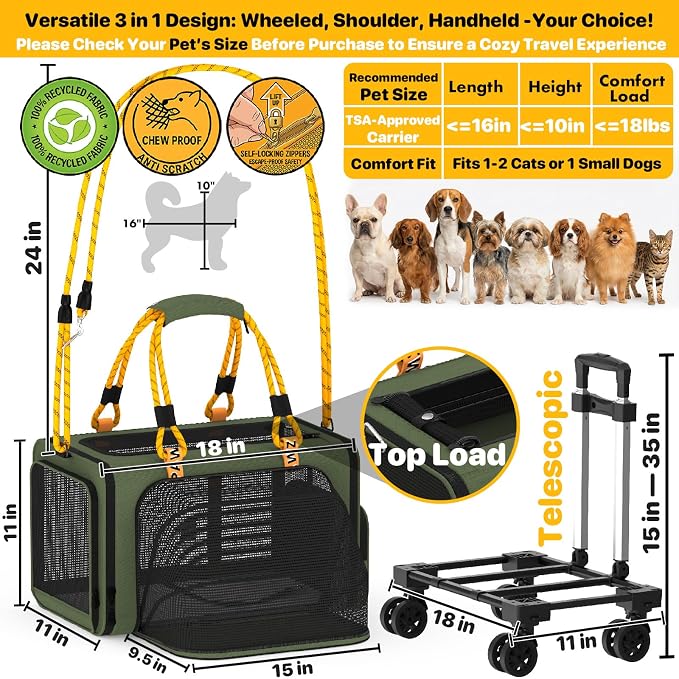 PAWZIDEA Expandable Pet Carrier with Wheels, TSA Airline Approved, Up 18lbs | 18x11x11 Underseat, Rolling Soft-Sided Carrier for Large Cats & Small Dog Travel Bag, Self-Locking Zippers, Telescopic Handle