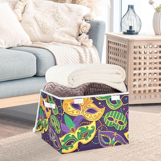 Mardi Gras Mask Storage Bins with Lids and Carrying Handle,Foldable Storage Boxes Organizer Containers Baskets Cube with Cover for Home Bedroom Closet Office