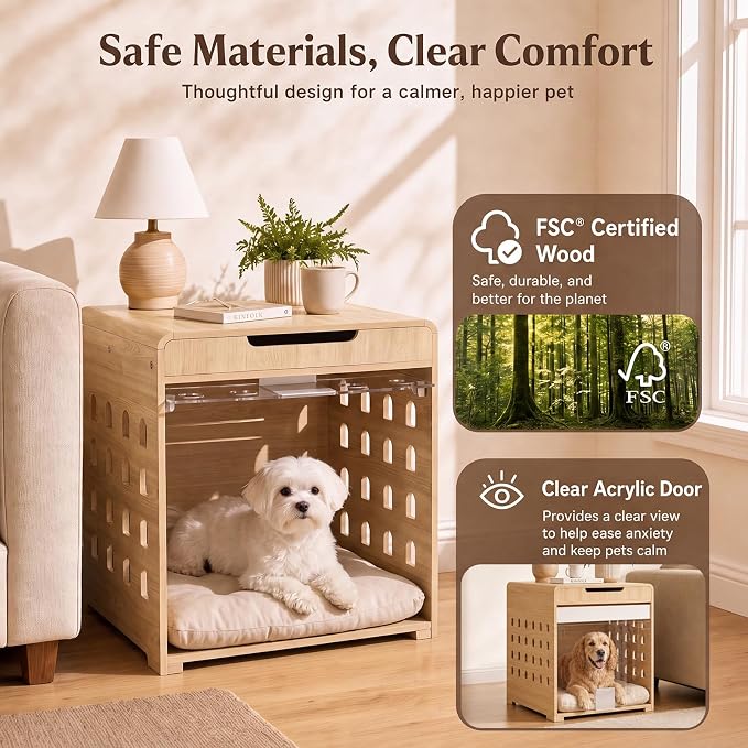 Modern Dog Crate Furniture Wooden Kennel with Charging Station End Table | Nightstand, Dog Cage, with Flip-Up Acrylic Door, Storage Drawer, for Medium Small Dogs, up to 50 lb, Living Room Bedroom, Oak