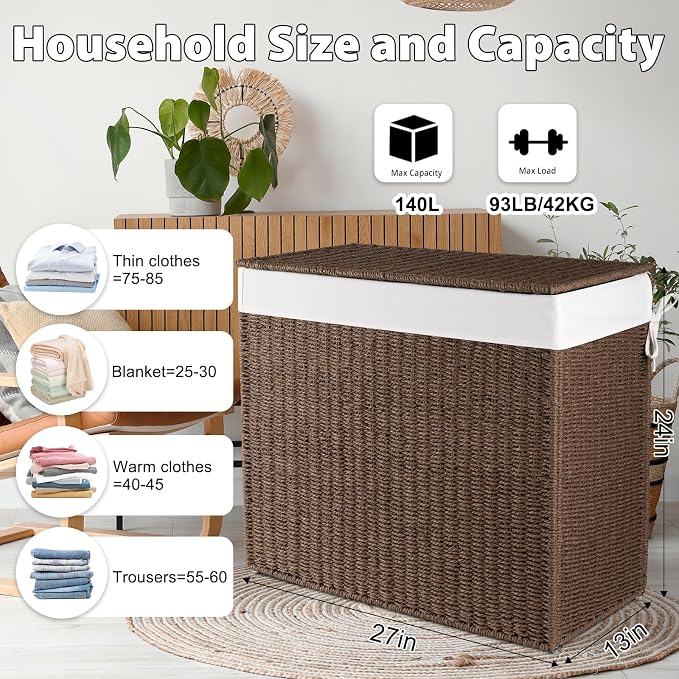 OIAHOMY Laundry Hamper with Lid, 140L(35.7 Gal) Large Wicker Laundry Basket for Bedroom, Handwoven Paper Rope Clothes Hamper with Washable Liner & Metal Frame, Decorative Organizer for Bathroom Brown