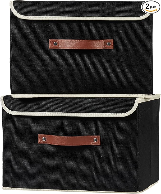 2PCS Storage Boxes with Lids Cotton Linen Fabric Bins Baskets | Decorative Collapsible Washable, Clothes Container Organizer for Closet Shelf, w/ Faux Leather Handles, Black, Large