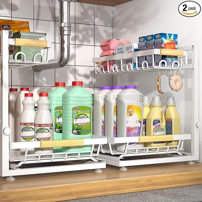 2-Pack 2-Tier Height Adjustable Under Sink Organizer & Storage | Multi-purpose storage for kitchen & bathroom cabinet. Extra Large white shelf, height adjustable design for space-saving.