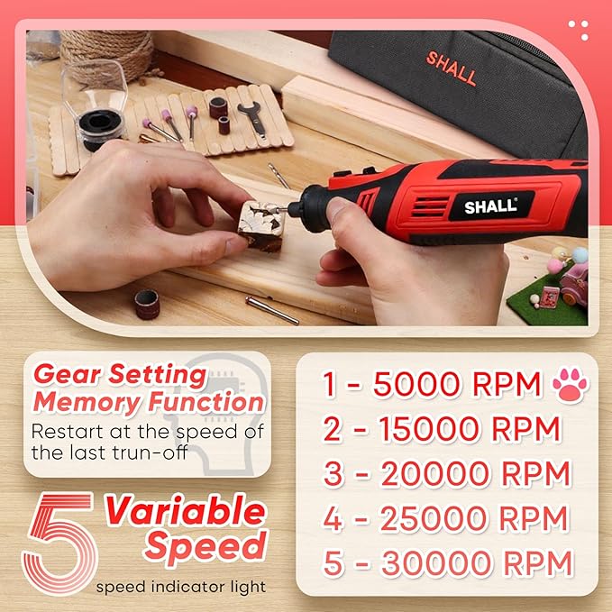 SHALL 8V Cordless Rotary Tool Kit, Lightweight 2.5 Ah Battery Rechargeable Dog Nail Grinder w/ 122 Accessories, 5-Speed Power Rotary Tool for Sanding, Carving, Polishing, Engraving, Pet Grooming