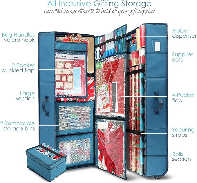 Hearth & Harbor Wrapping Paper Storage Container with Ribbon Dispenser and Interior Pockets - Large Christmas Storage Containers with Wheels, Fits 30 Rolls of 40" Length, Blue