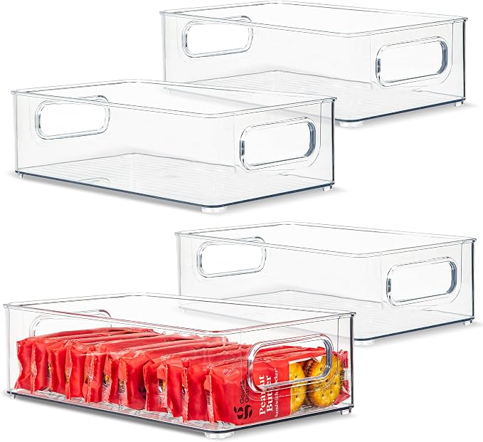 primebox - Clear Plastic Organizing Containers, 4 Pack - Stackable Storage Bins with Handles, 10"x6"x3"