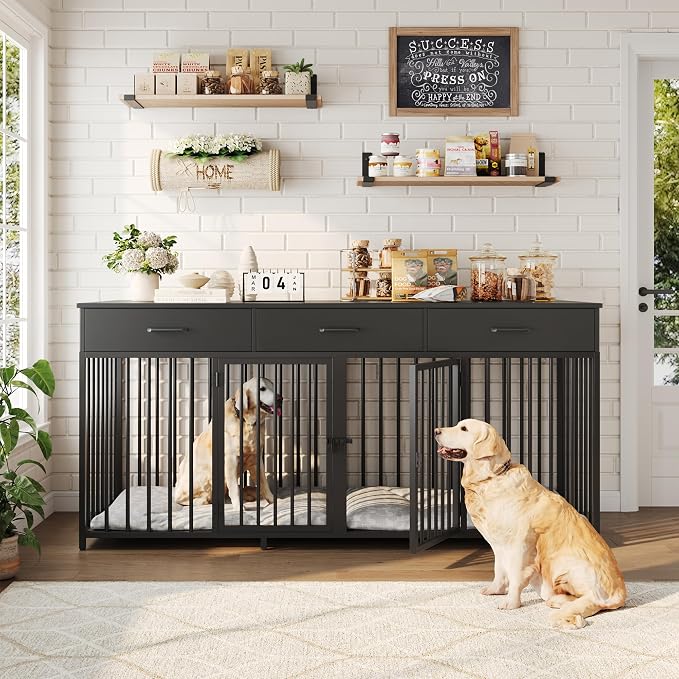 HOSTACK Double Dog Crate, 71"W Indoor Dog Kennel Furniture for 2 Dog, Black | 3 Drawers for Easy Storage, Heavy-Duty Cage, Removable Divider, Slide Bolt Latch, Modern Farmhouse Pet House for XL/XXL Dogs