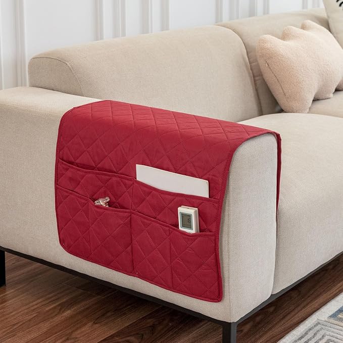 Arm Rest Covers for Sofa with 6 Pockets for Magazine Remote Control Couch Arm Covers Decorate Furniture Ant-Slip Armrest Organizer(Red)