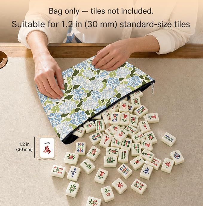 Blue Hydrangea Floral Empty Mahjong Tile Bag 13x7.8 Inch, | Abstract Hydrangea Portable Travel Case Organizer Zipper Pouch for American Mahjong Tiles Game Night Accessories and Gifts