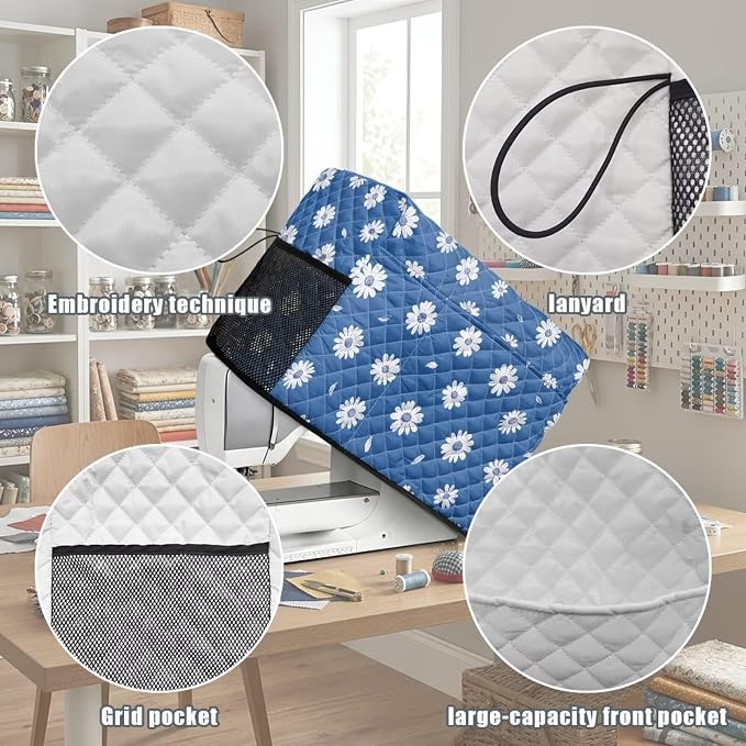 Sewing Machine Cover Polyester Febric Fresh Daisy Floral Print | Dust Pet Hair Protection,Quilting Design,Fits Standard Singer,Brother Janome Machines,Protecting Decorating Your Sewing Space