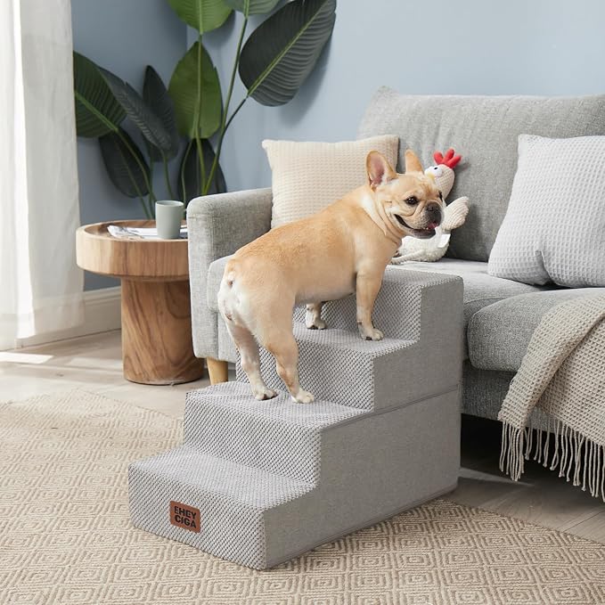 EHEYCIGA Dog Stairs for Bed 18" H, 4-Step Dog Steps for High Bed, Light Grey