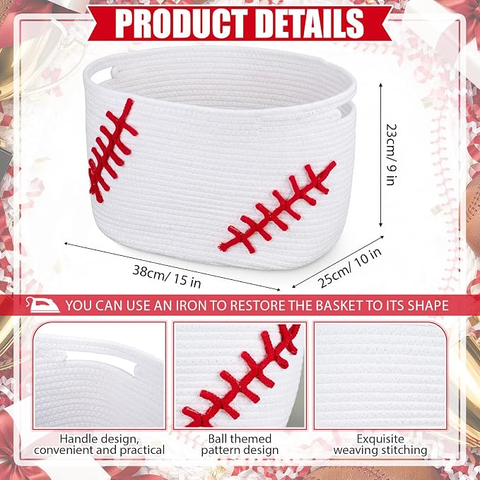 RattanView Baseball Cotton Rope Basket, Brown Woven Storage with White Stitch Pattern, 15 x 9 x 10 in, Empty Baseball Gift Organizer for Books, Room and Sports Decor